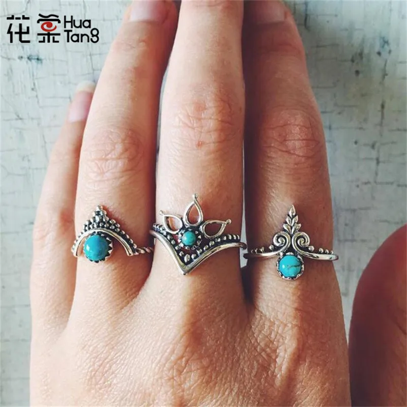 

HuaTang Bohemia Green Turqquoise Ring Set Geometric Crown Hollow Out Rings for Women Girl Vintage Ring Jewelry Statemwnt 6122