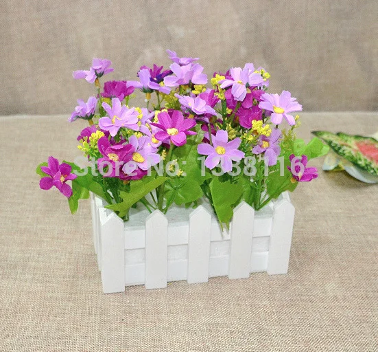 1 Set 16cm Wooden Fence Vase + Flowers Eugene Flower Rose And Daisy