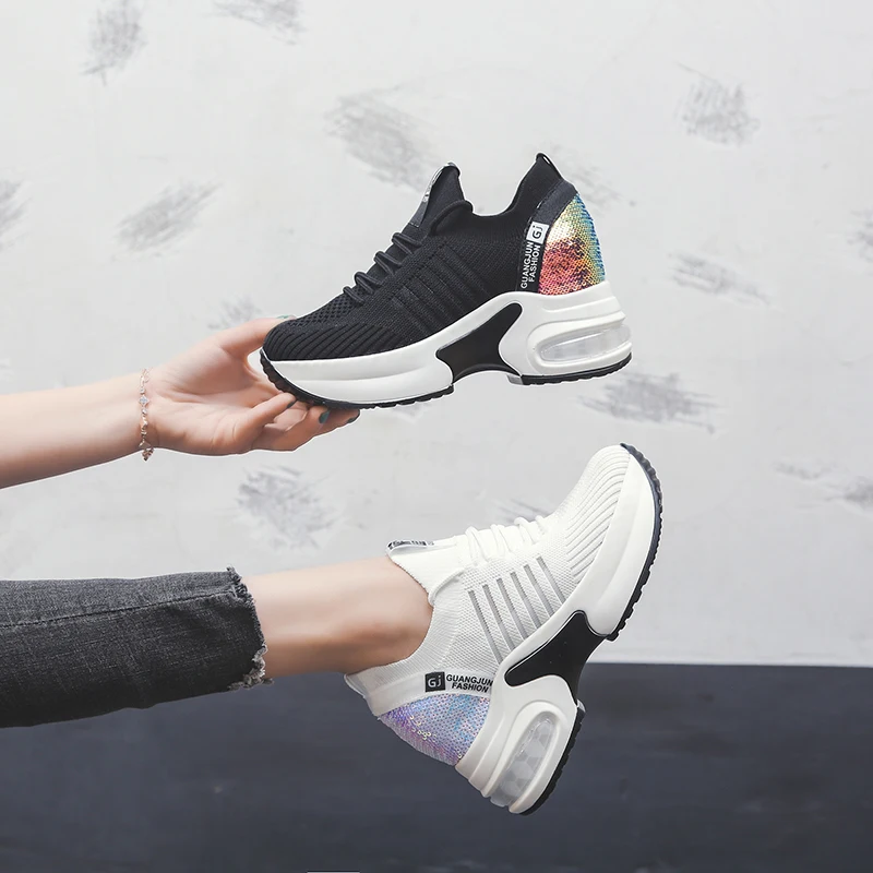 

2019 new Women's Platform Shoes High Heel Increasing Ladies Shoes Mesh Breathable Quality Wedge Black Woman Sneakers AS-90