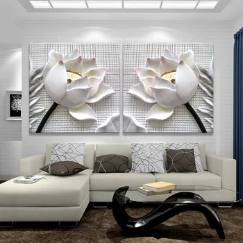 

2PCS Modern 3D White Lotus Flowers HD Print Canvas Wall Art Pictures For Living Room The Paintings Abstract Modular Oil Painting