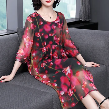 

2019 Summer Fashion Casual Womens 3/4 Lantern Sleeve High Waisted Loose Print Floral Dress , Female Women Flower Chiffon Dresses