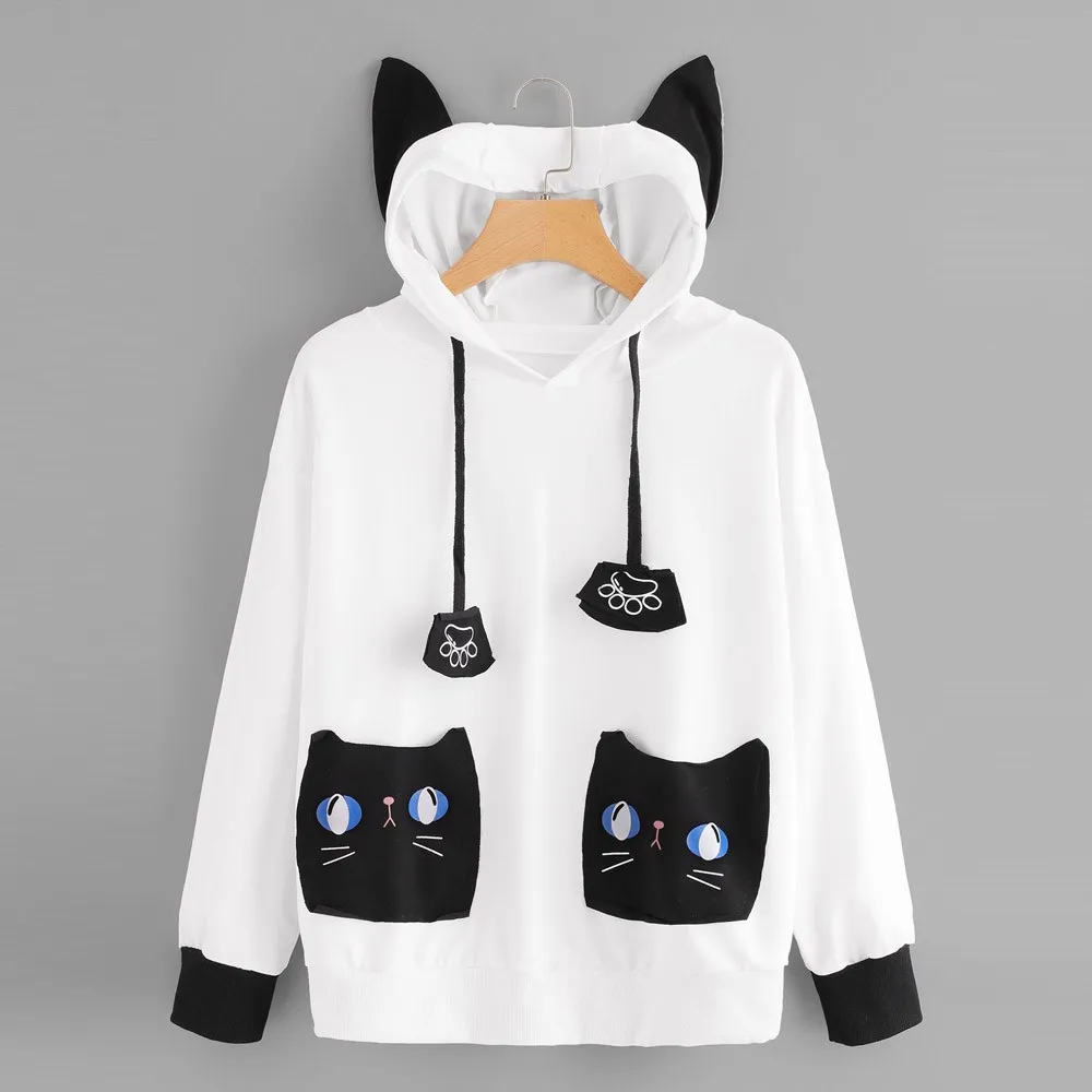 FeiTong Hooded Sweatshirt Women Long Sleeve Cat Print