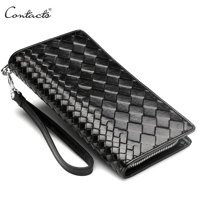 

CONTACT'S Intrecciato Men Wristlet Clutch Wallet 100% Genuine Leather Handmade Knitting Phone Wallet Credit Card Holder Cluth