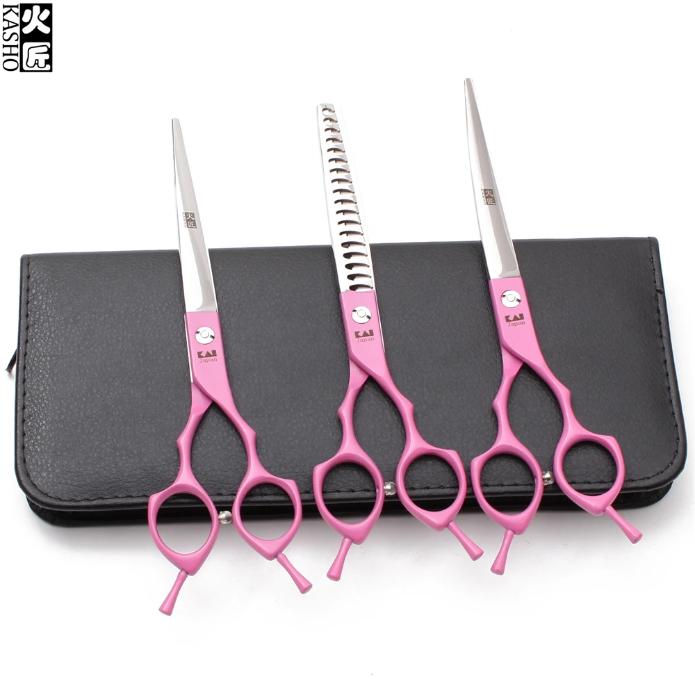 

H3009 6.5" Pink 440C Dogs Scissors Straight Shears Thinning Scissors Up Curved Shears Pets Scissors Professional Grooming Shears