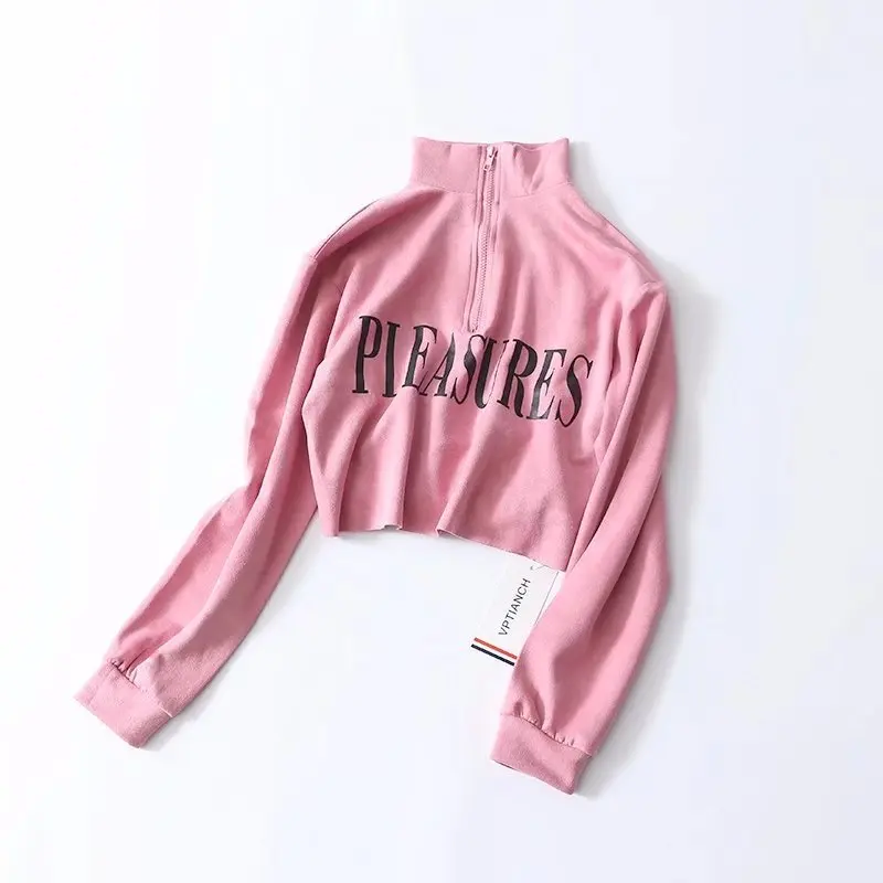 

2018 Women Letter Print Sweatshirt Casual Long Sleeve Stand Collar Hoodies Fashion Autumn Pink Zipper Cropped Pullovers