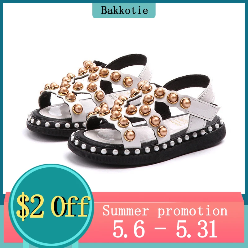 

Bakkotie 2019 New Fashion Summer Toddler Rivets Shoe Baby Girl Genuine Leather Beach Sandal Children Pearl Boy White Brand Flats