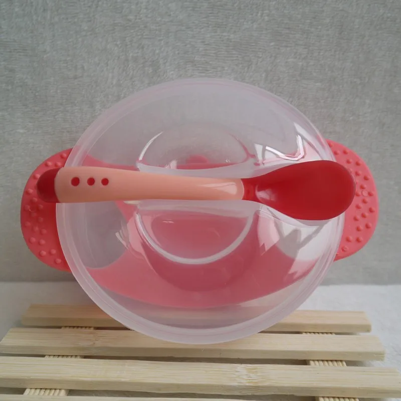 Детская посуда, Обучающие Детские блюда с присоской, миска для еды, чувствительная температура, ложка, миска для кормления ребенка - Цвет: Red