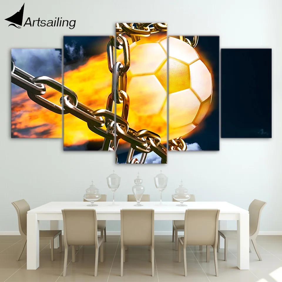 ##BUY HD Printed 5 Piece Canvas Art Soccer Football fire chains painting Wall Pictures for Living Room Modern Free Shipping NY 7584B