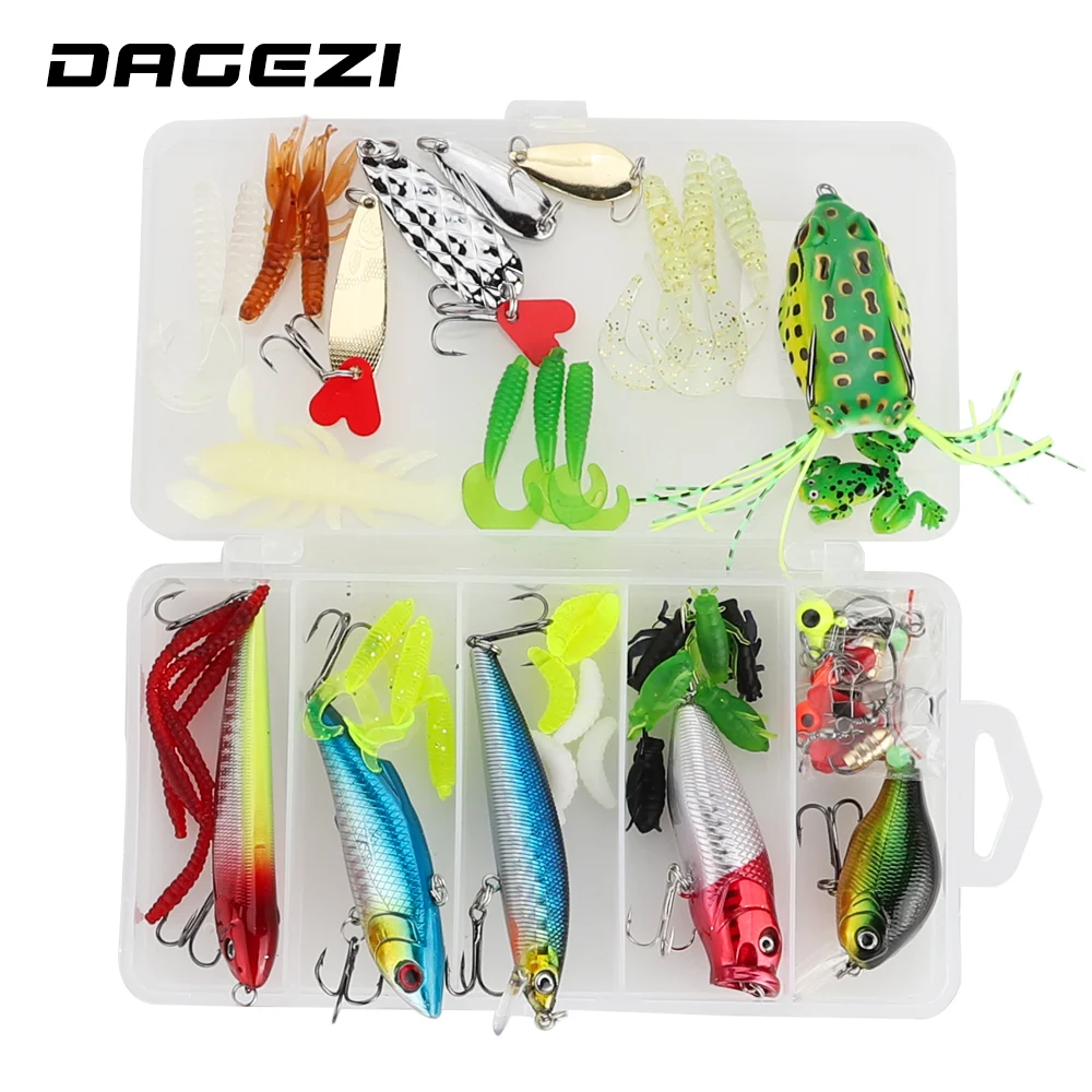 

DAGEZI Fishing Lure Set Mix Minnow Popper Spoon Jig Head Hooks 3 Kind of Fishing bait Kit With Box Artificial Bait