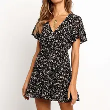 Women Short Ruffled Sleeve A-Line Swing Dress Boho Floral Print Sexy Wrap V-Neck Drawstring High Waist Tiered Chiffon Sundress ornate print drawstring waist dress