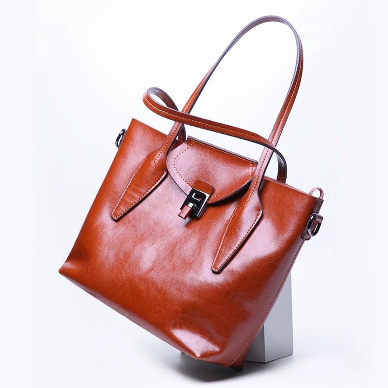 

Genuine Leather Women Bags Female Handbags High Quality Oil Wax Leather Shoulder Bags Large Capacity Ladies Casual Tote