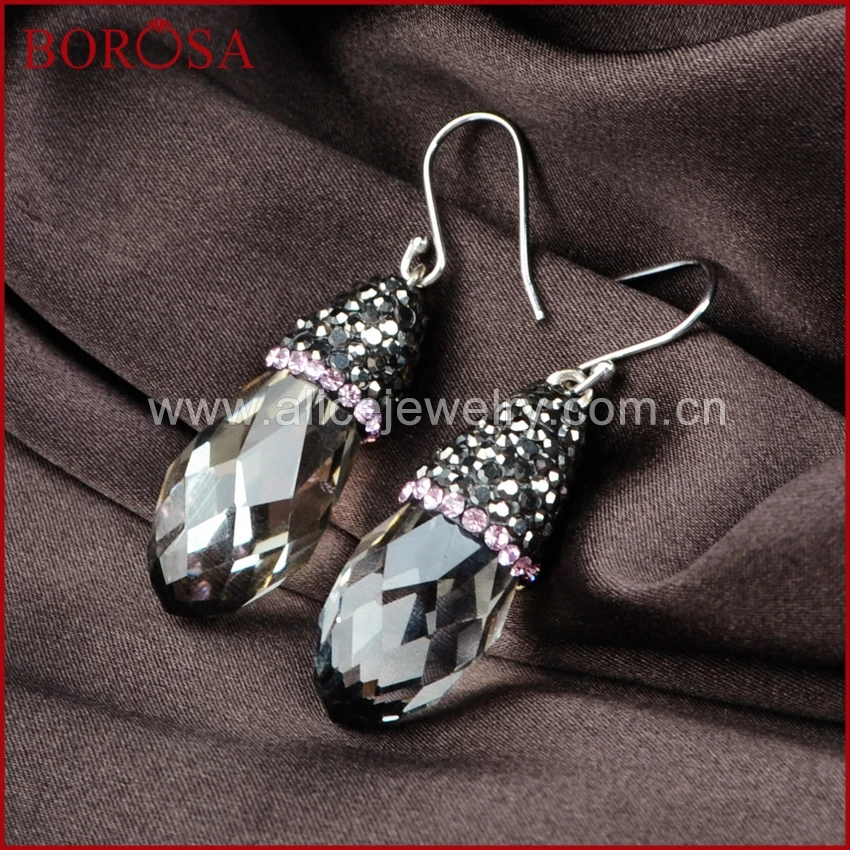 

BOROSA Tear Drop Smoky Crystal Quartz Faceted Earrings Paved Pink Zircon Drop Earrings Dangle Earrings for Women Druzy JAB053