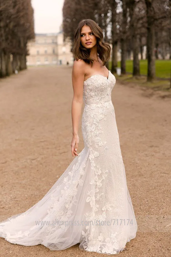Простое милое кружевное цветочное свадебное платье русалки с аппликацией без рукавов с открытой спиной свадебное платье Gelin elbise