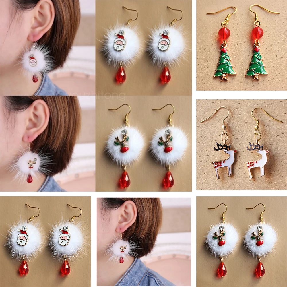 

iMucci European And American Fashion Santa Claus Plum Fawn White Pompon Red Crystal Christmas Earrings Accessories