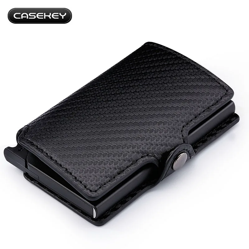 Ceny 2019 CaseKey męskie włókno skórzane z włókna węglowego ID etui na karty kredytowe z kieszonką na monety RFID Protector portfel Clip
