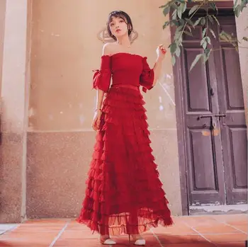

Elegant Red Maxi Dress Strapless Top Two Piece Set Women Long Dress Sundress Vestidos