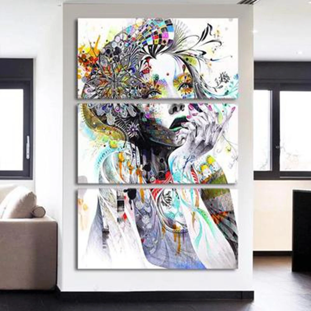 

Multicolor Pencil Painting Canvas Print Flower Girl Portrait Artwork Picture for Lobby Area Room Wall Decor 3 Pieces Home Decor