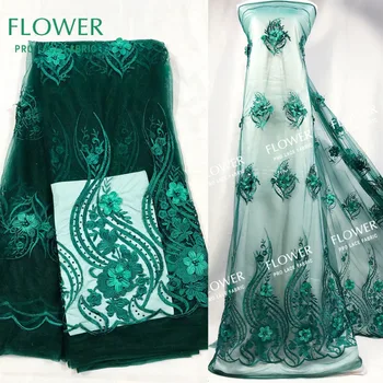 

Dark Green Color African 3D Net Lace Fabric Beaded Embrodiered Guipure Applique Mesh Fabric With Stones 3D Flower Wedding Fabric