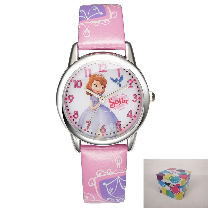 Brave Sofia Princess Child Lovely Quartz Watch Little Girls Dream Fashion Casual Leather Waterproof Watches Kid Favorite Clock - Цвет: PINK  BOX GIFT