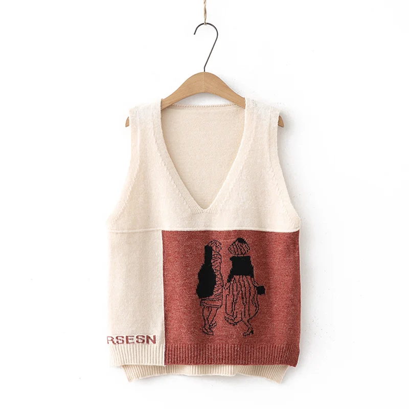 

Harajuku casual female crop top Autumn Cartoon knitted V-neck loose color matching short pullover sweater vest
