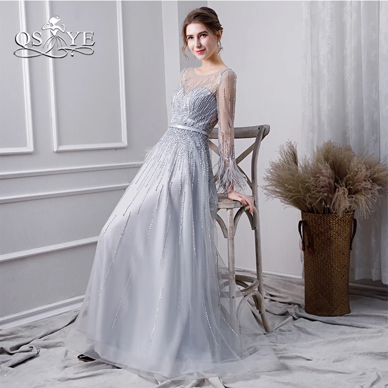 

QSYYE 2018 Beading Long Prom Dresses Robe de Soiree Long Sleeves Floor Length Tulle Elegant Party Dress Evening Gowns
