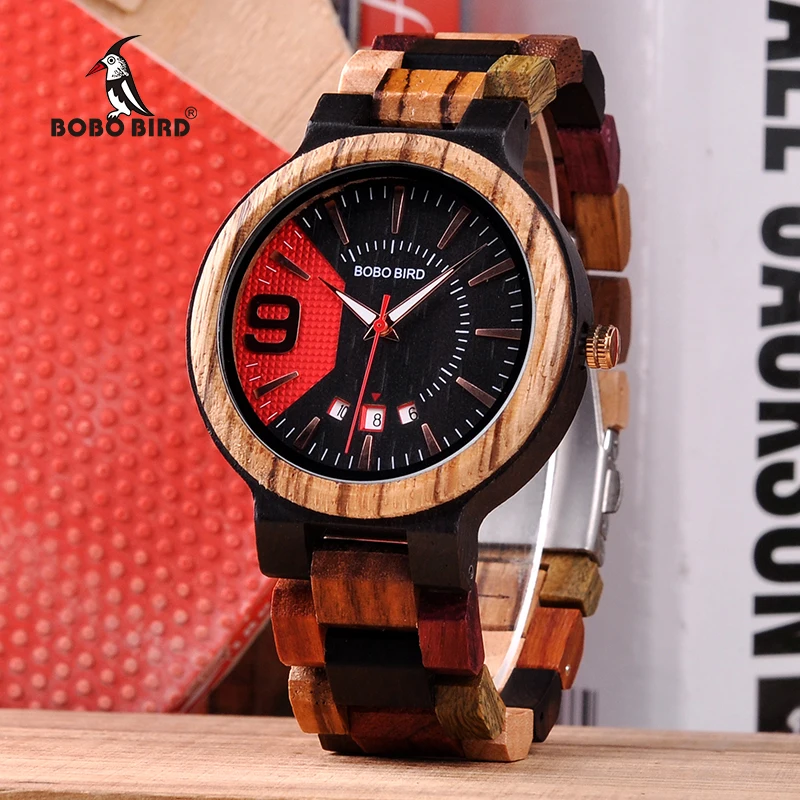 BOBO BIRD Wooden Watch Men Show Date Qartz Wristwatch Male relojes hombre Clock Colorful Strap Wooden Box saat erkek Drop Ship