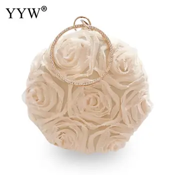 

Floral Decoration Evening Bag Ladies Flower Wedding Circular Clutches Female Clutch Purse With Rhinestone White Beig Color