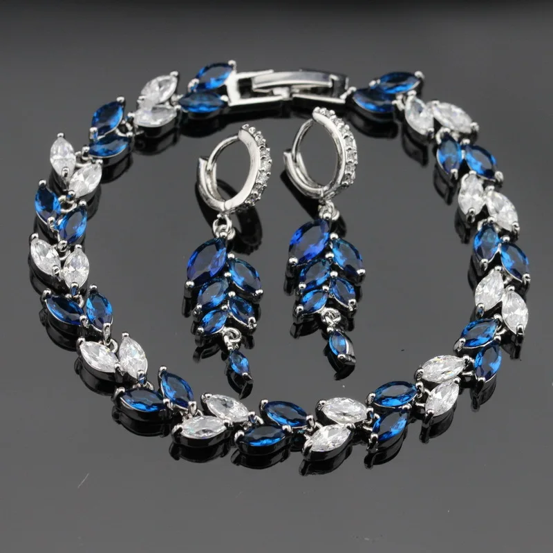 

Blue Stones White CZ Silver Color Jewelry Sets For Women Newest Earrings Bracelet Free Jewelry Box