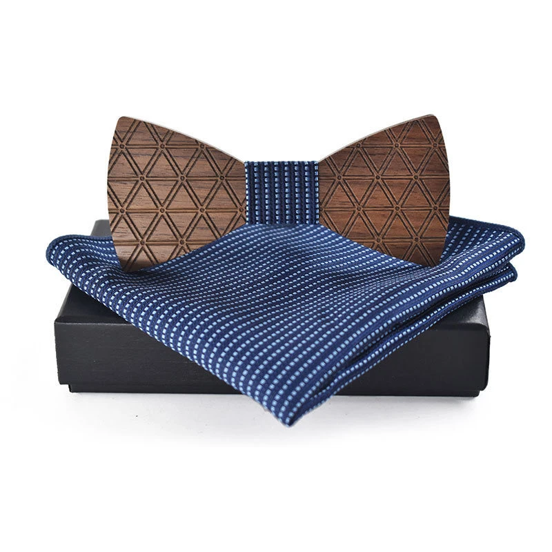  Fashion Wooden Bowtie Handkerchief Set Wedding Business Wood Bowknots Bow Tie for Mens Plaid Printe