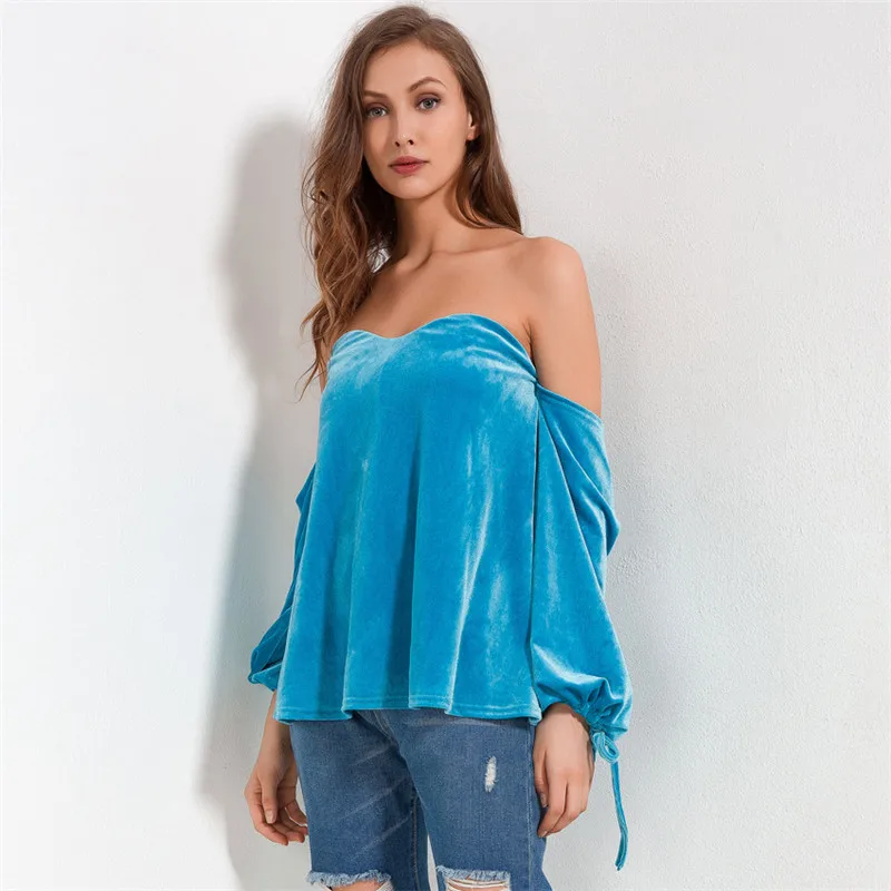 RIISDA Spring off shoulder Velour Crop Top T shirts Lantern long sleeve Solid Color Tops Tee For Women Clothing camisetas mujer (7)