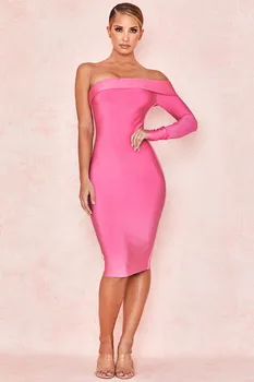 

High Quality 2019 Dress Sexy Celebrity Backless Slash Neck Women Pink Bandage Night Club Body con Party Dresses Wholesale