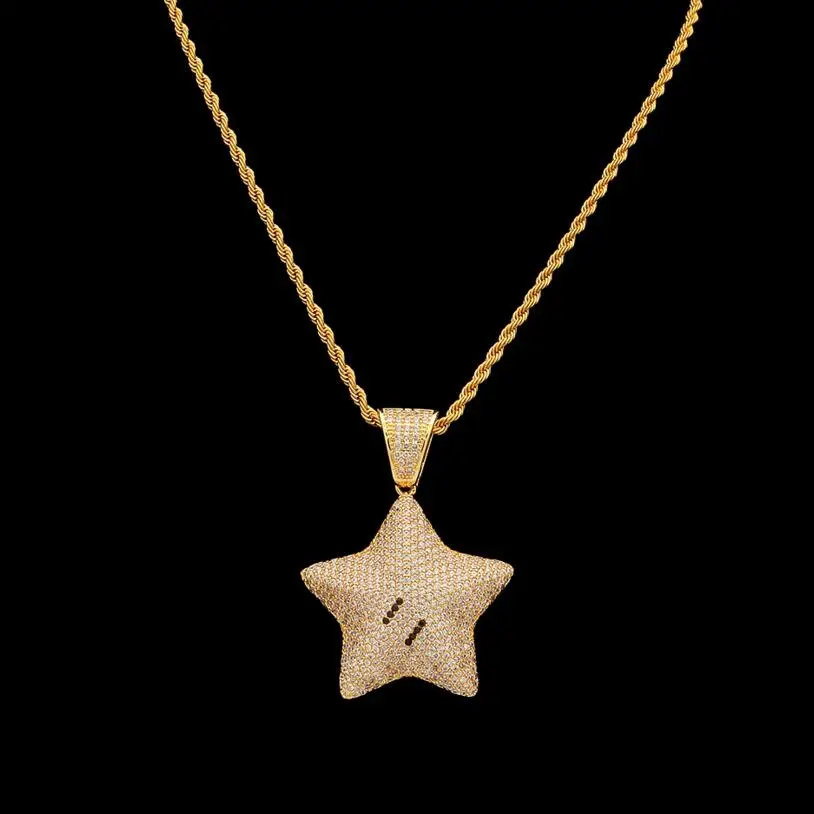 

Gold Iced Out Cartoon Star Pendant Necklace Chain Charm Bling Full Cubic Zircon Men's Hip hop Jewelry Free Tennis Chain For Gift