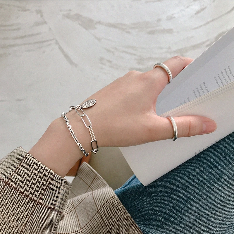 LouLeur 925 Стерлинговое серебро квадратная цепочка фигурные браслеты с подвесками в форме монет индустриальный стиль темперамент Модные женские браслеты ювелирные изделия