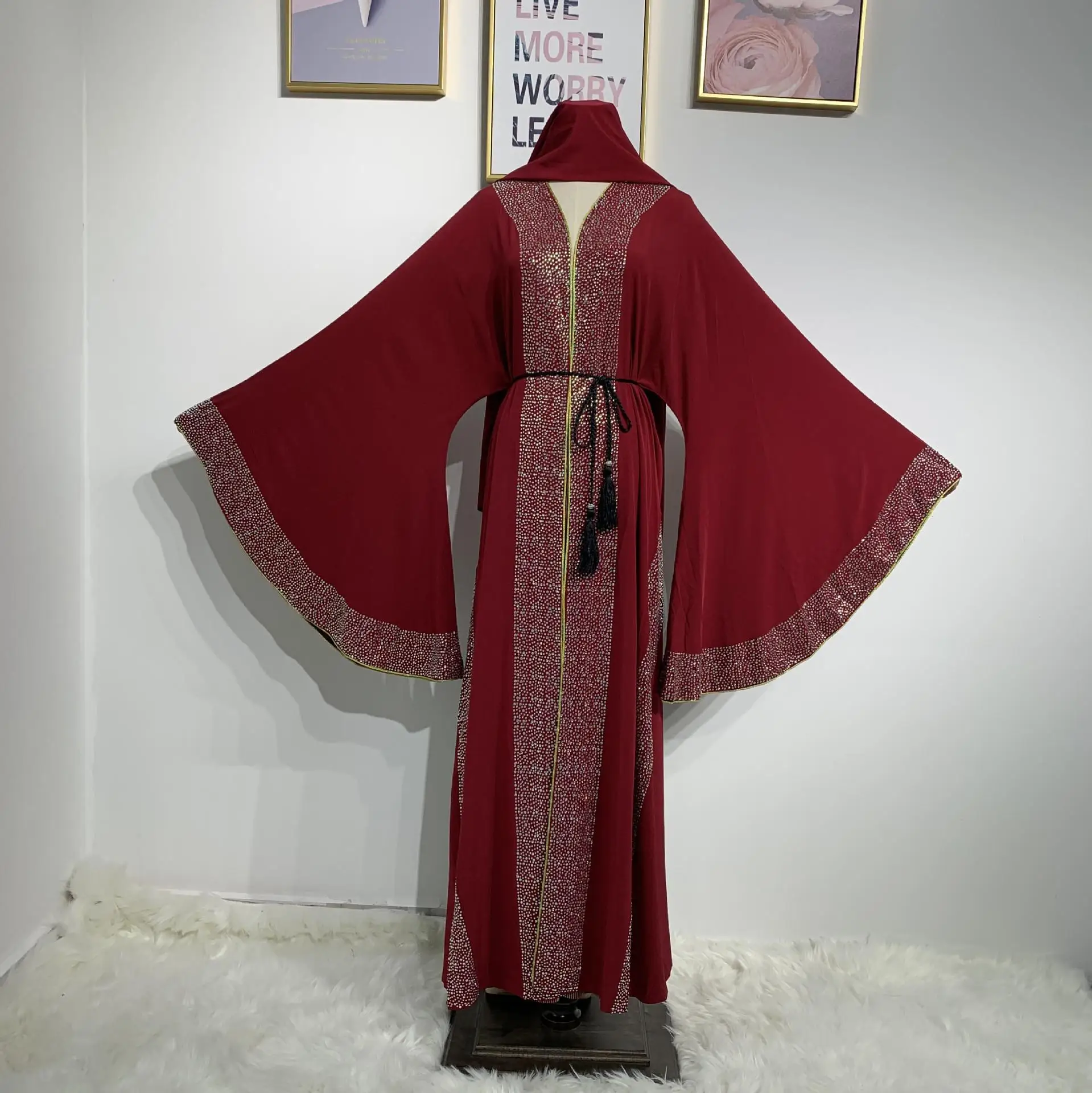 Дубай abaya свадебное платье abaya s Burkha Farasha Jalabiya Макси халат-кимоно элегантное роскошное платье со стразами с расклешенными рукавами Новинка - Цвет: Wine Red