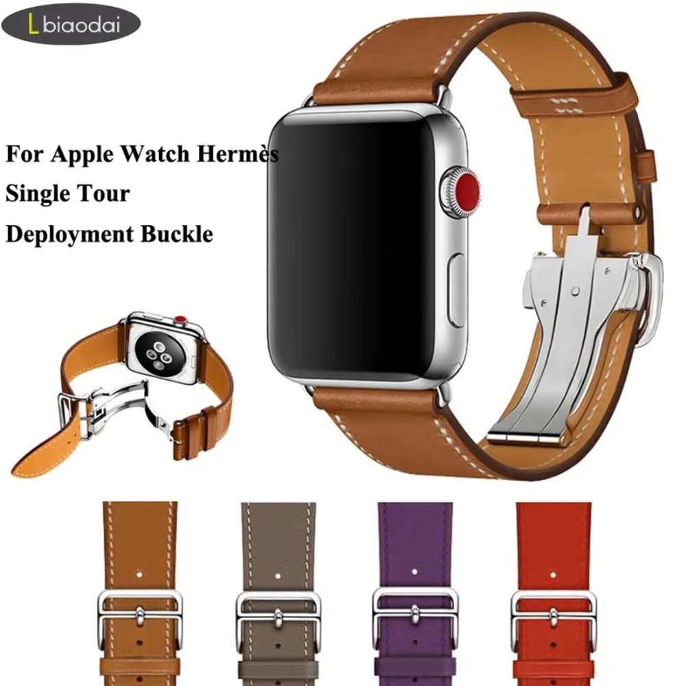 

Leather Strap Band For Apple Watch deployment buckle Single tour band iwatch 42mm/38mm 44mm/40mm Watchband for aple watch 4 3 2