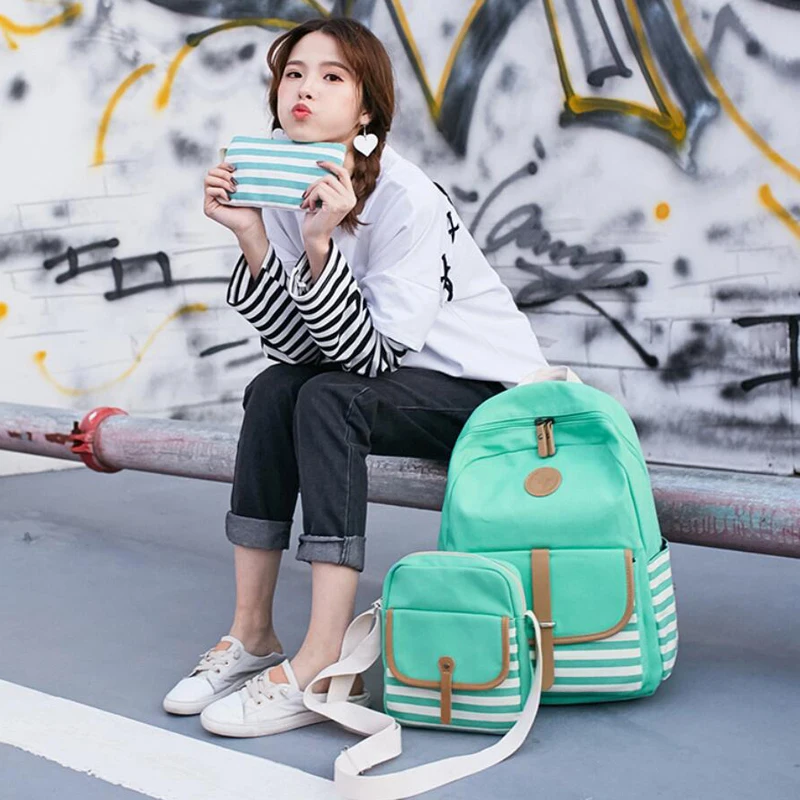 

3Pcs/set Retro Women Canvas Backpack Teenage Girls Cute Striped Print School Backpacks Female Casual Rucksack Book Bag Bagpack