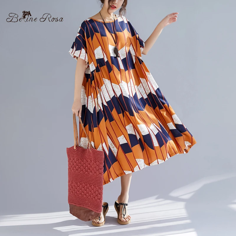 

BelineRosa 2019 Women's Big Sizes Dresses Summer Hit Color Geometric Casual Loose Style Plus Size Dress for Women TYW00987