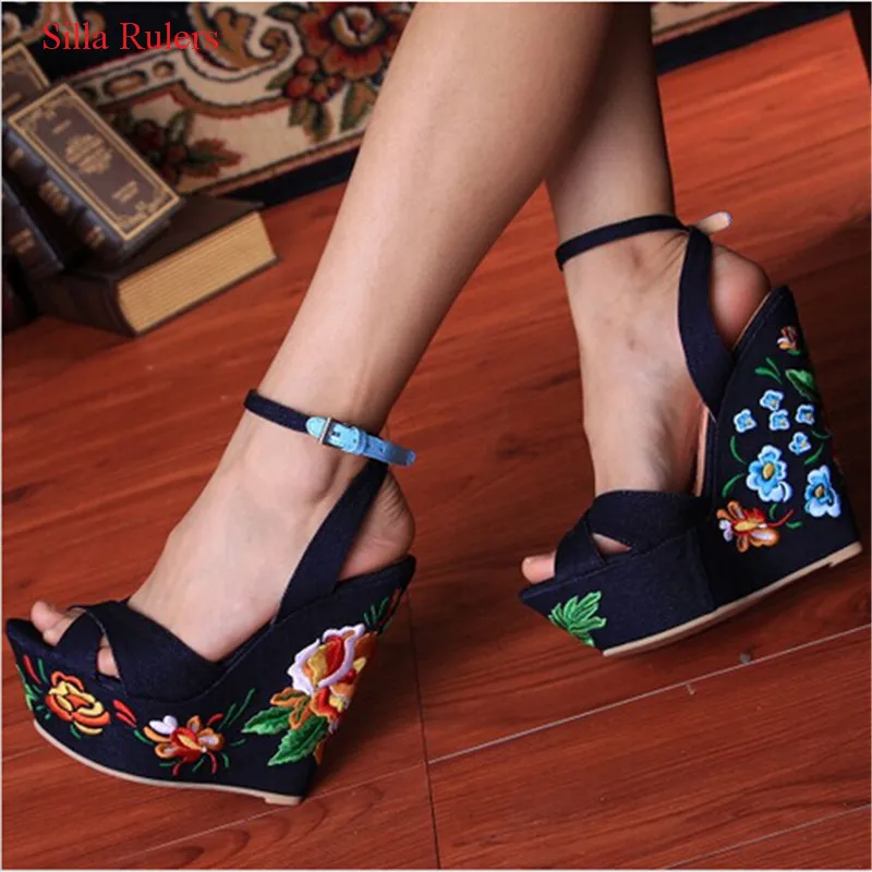 Blue Denim Sandals Folk Flower Embroideried Fabric Wedge Gladiator ...