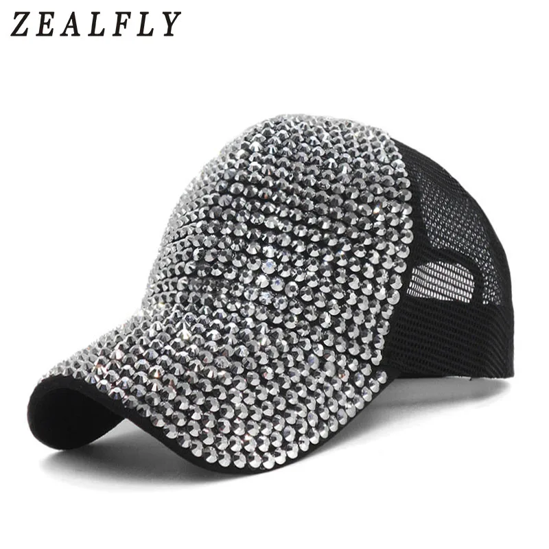 

Luxury Bling Rhinestones Sequins Baseball Cap For Women Summer Breathable Mesh Hat Girls Snapback Trucker Gorras Casquette