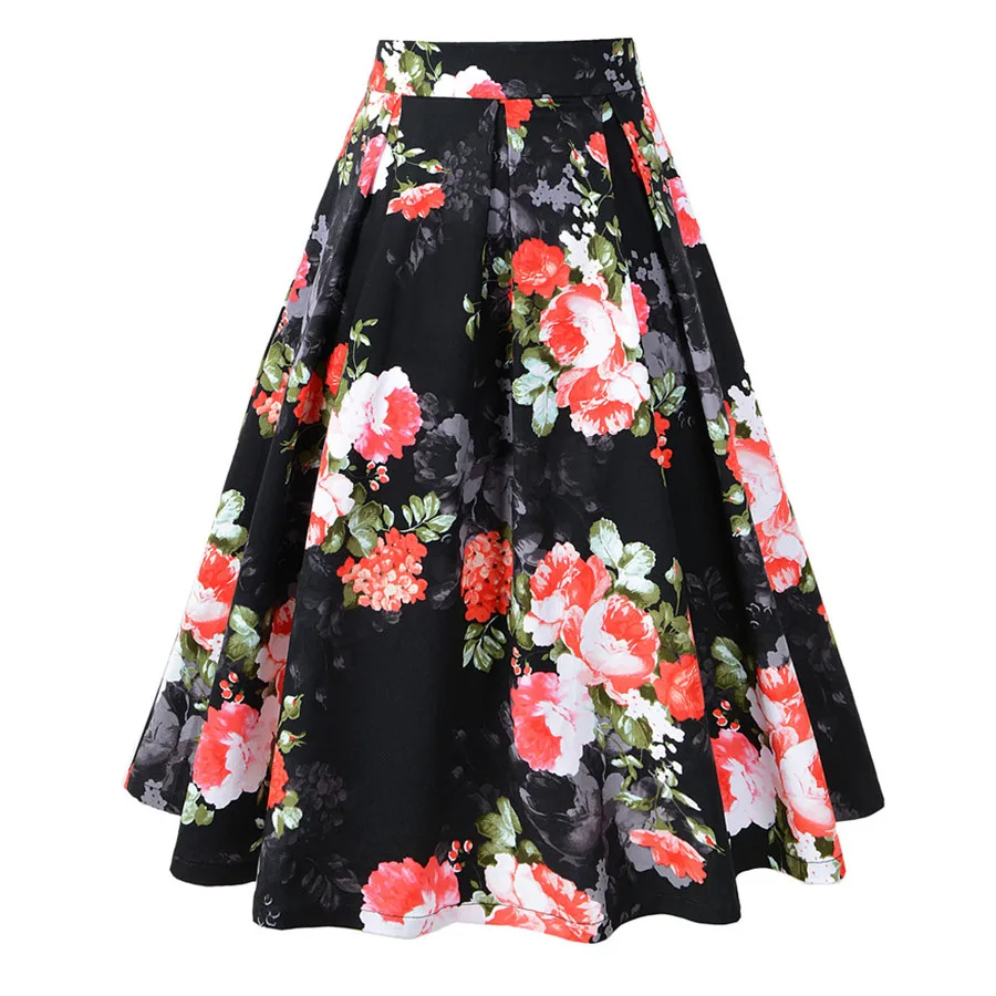 2019 Women's sexy dress retro comfortable pleated plus size skirt pocket print casual a word skirt cover up for ladies 40J8 (2)