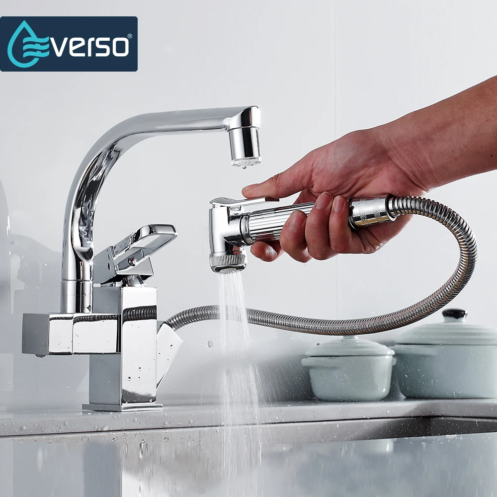 

EVERSO Polished Chrome Brass Double Spouts 360 Degree&Pull Out Kitchen Faucet Kitchen Tap Sink Mixer Hot and Cold Water