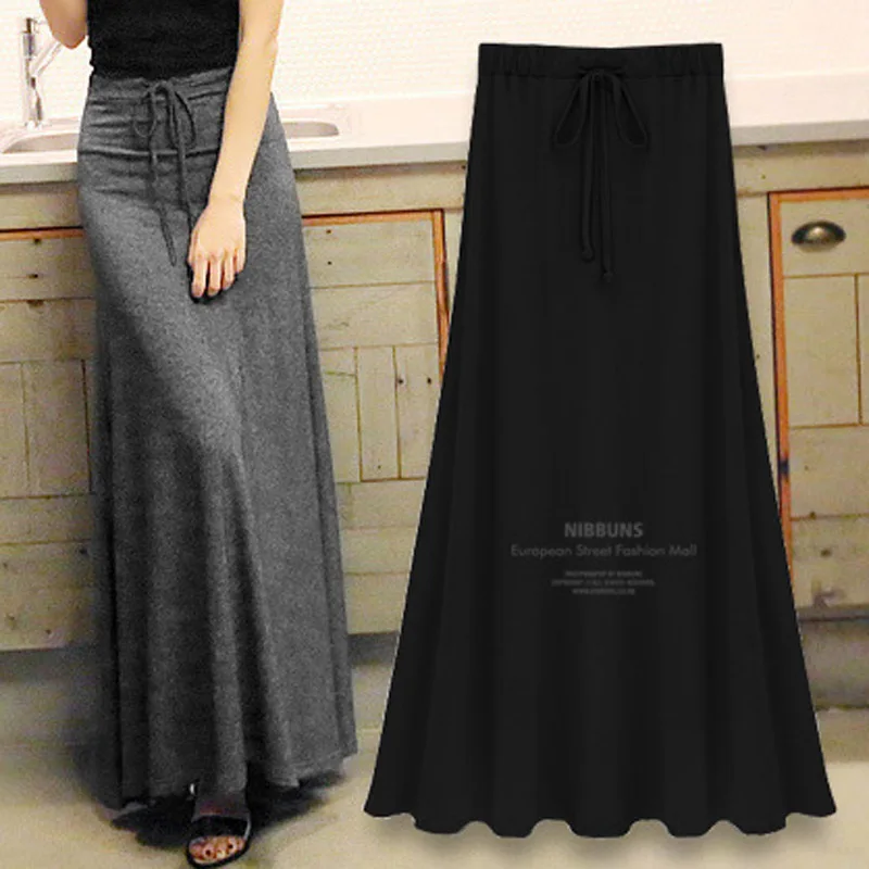 

Women Cotton Long Skirt 2019 New Spring Lace Up Slim Elastic Maxi Skirts