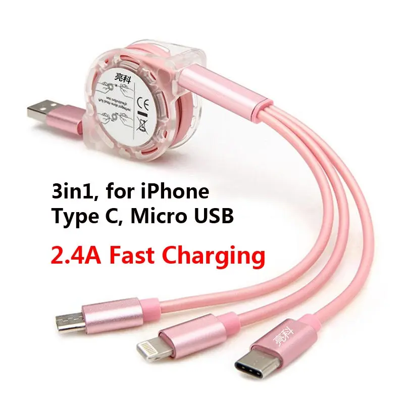 

3in1 Micro USB fast Charging Cable Android For iPhone XR XS Max X Type C Retractable design 1M length 2.4A Adapter