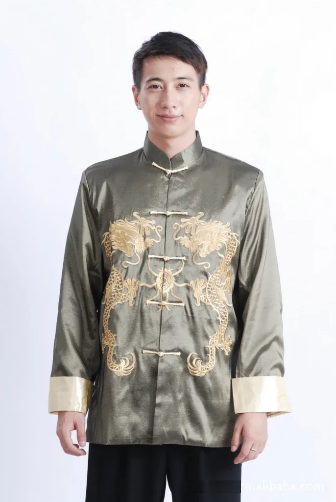 Шанхай история дракон куртка с длинным рукавом Тан костюм Китайский традиционный двойной дракон одежда Тан рубашка воротник-стойка куртка - Цвет: Зеленый