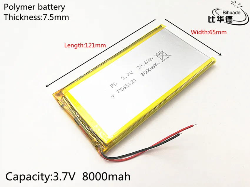 

1pcs/lot 3.7V 8000mAh 7565121 Lithium Polymer Li-Po li ion Rechargeable Battery cells For Mp3 MP4 DIY PAD DVD
