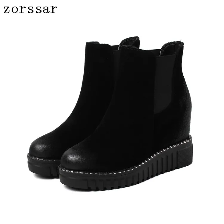

{Zorssar} 2019 Fashion womens winter boots suede Leather height increasing women high heel ankle boots Platform wedges boots