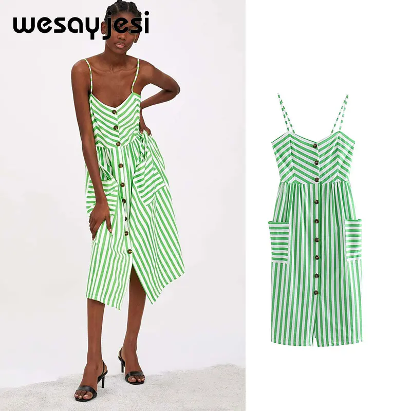 

2019 summer spring dress women vestidos striped print knee-length sleeveless pocket v neck vestidos de fiesta party dress