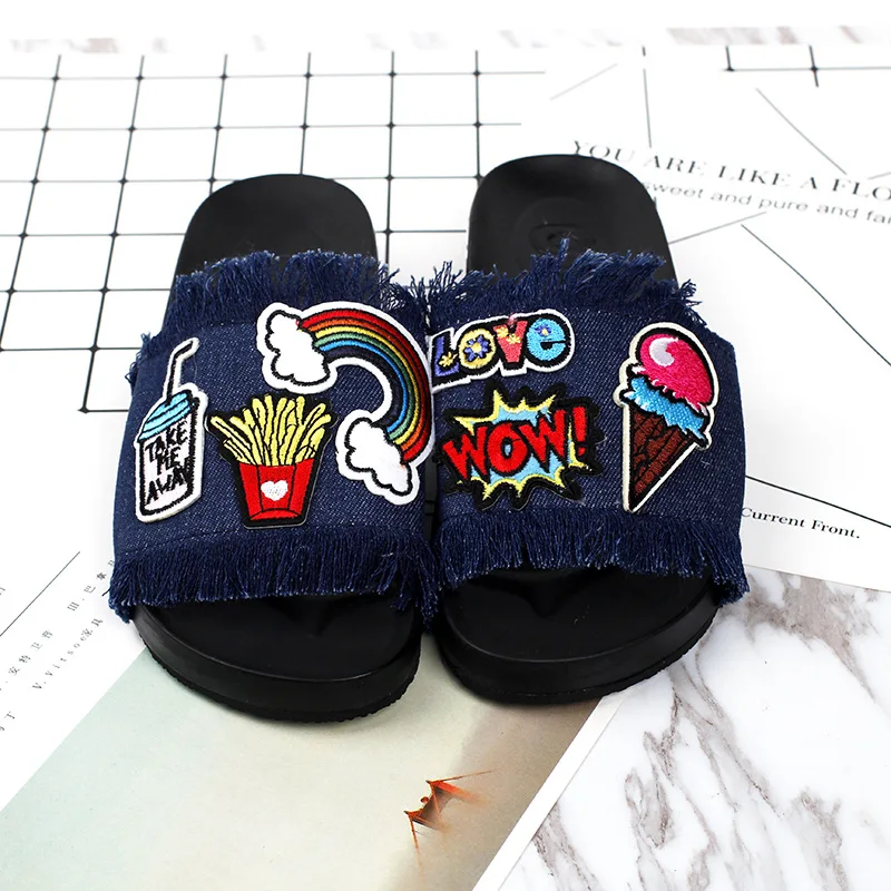 New Womens Sandal Styles Cartoon Patch Embroidery Tassel Flat With Open-toed Slip Holiday Shoes 2016 Comfort Cheap Slippers72