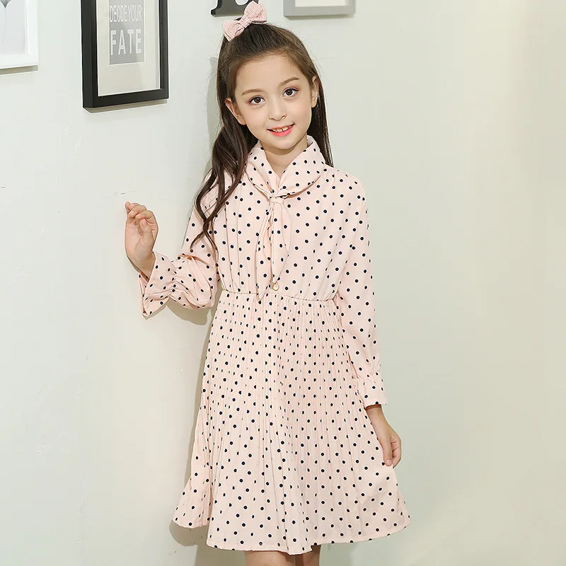 

Baby Girls Pleated Chiffon Dresses Polka Dot Print Autumn Party Princess Dress Kids Costume Elegant Vintage Children Clothing