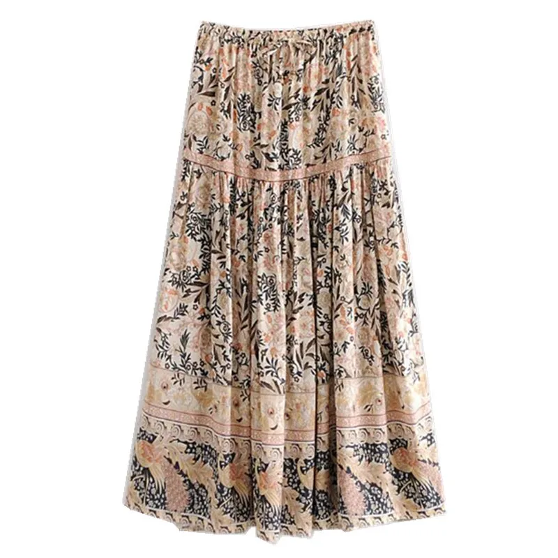 2019 Bohemian Khaki Floral Print Long Skirt Holiday Women Stitching pleated Lacing up Stream Waist Swing Skirts